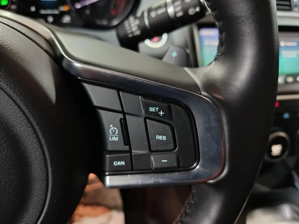 Gros plan sur le côté gauche du volant cuir noir du Jaguar E-PACE 2019, avec commandes de régulateur de vitesse.