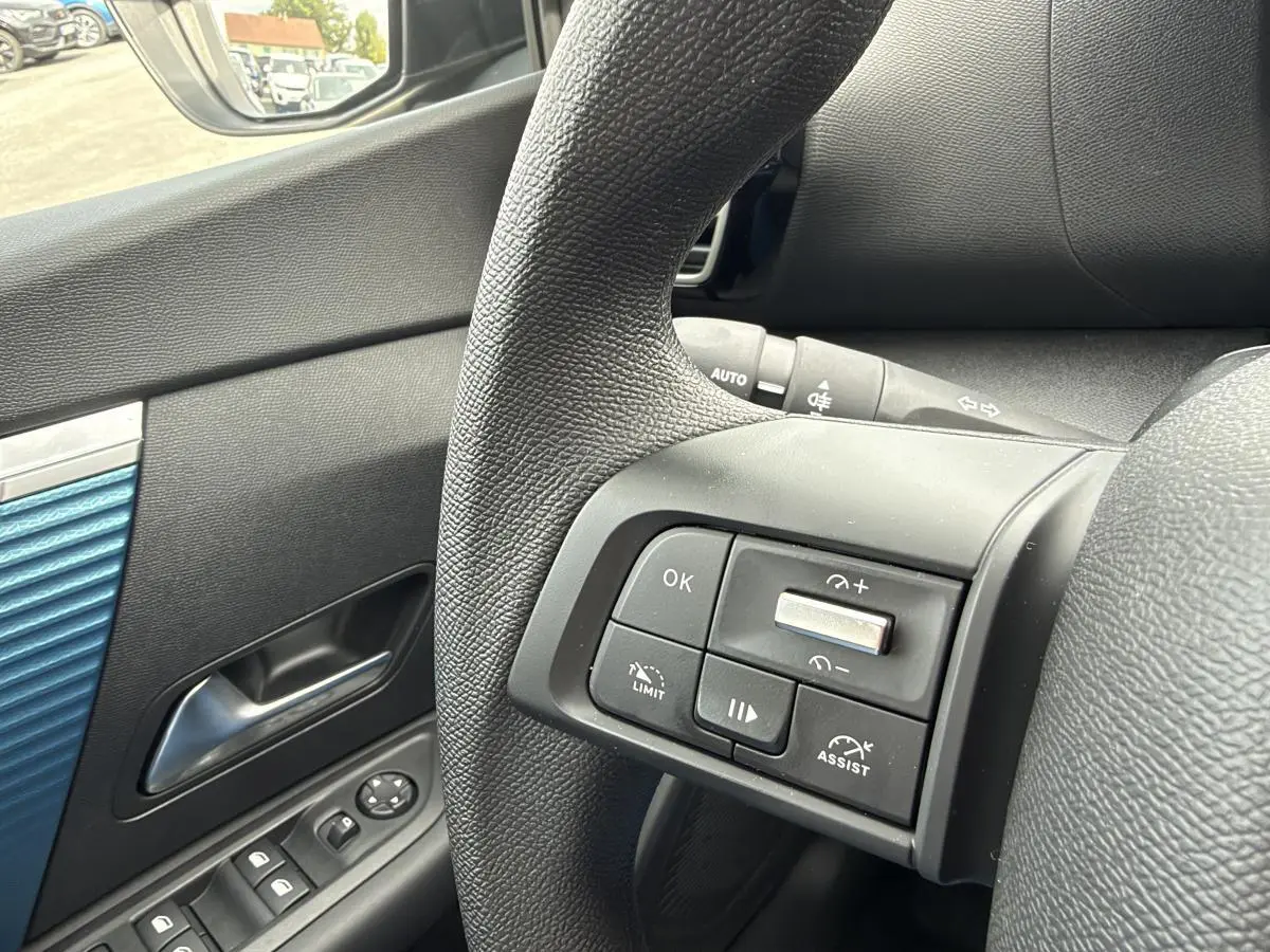 Gros plan sur le volant et la portière côté conducteur d’une Citroën C4 noire avec commandes au volant et insert bleu sur la porte.