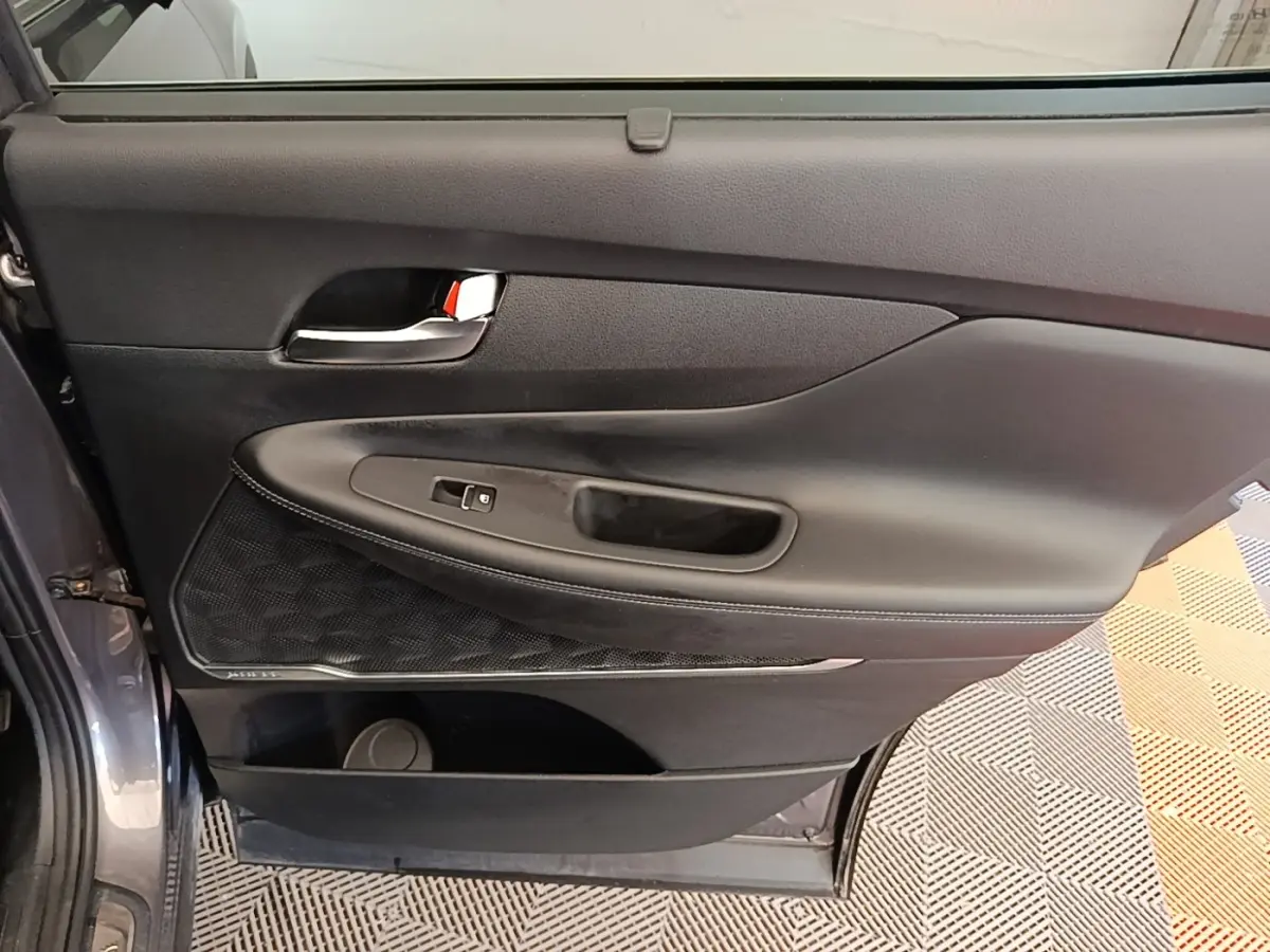 Vue intérieure côté gauche de la porte arrière gris foncé du Hyundai Santa Fe avec poignée chrome et commande de fenêtre.