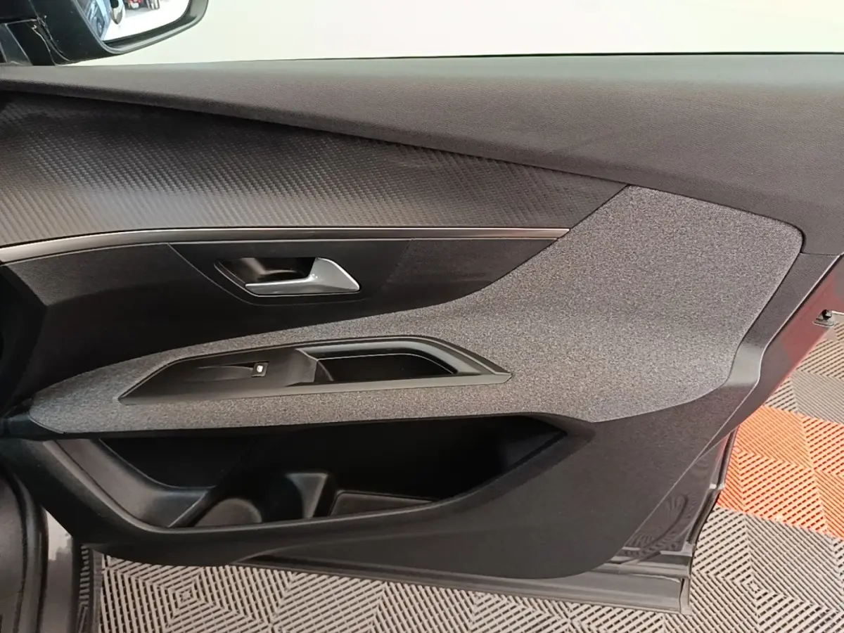 Vue intérieure côté gauche de la porte avant gris foncé du Peugeot 3008 avec poignée et habillage texturé.