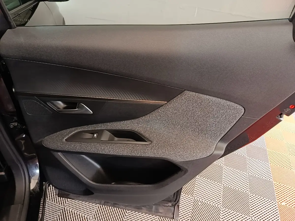 Vue intérieure du panneau de porte arrière gauche noir et gris texturé du Peugeot 3008 2018 Puretech.