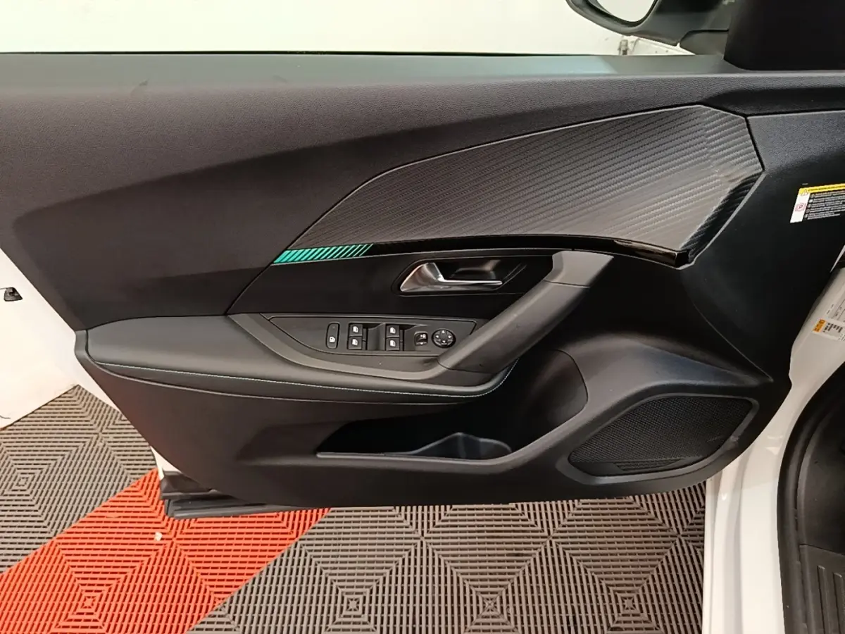 Vue intérieure côté gauche de la porte avant d'une Peugeot 2008 blanche avec garniture noire et commandes électriques.