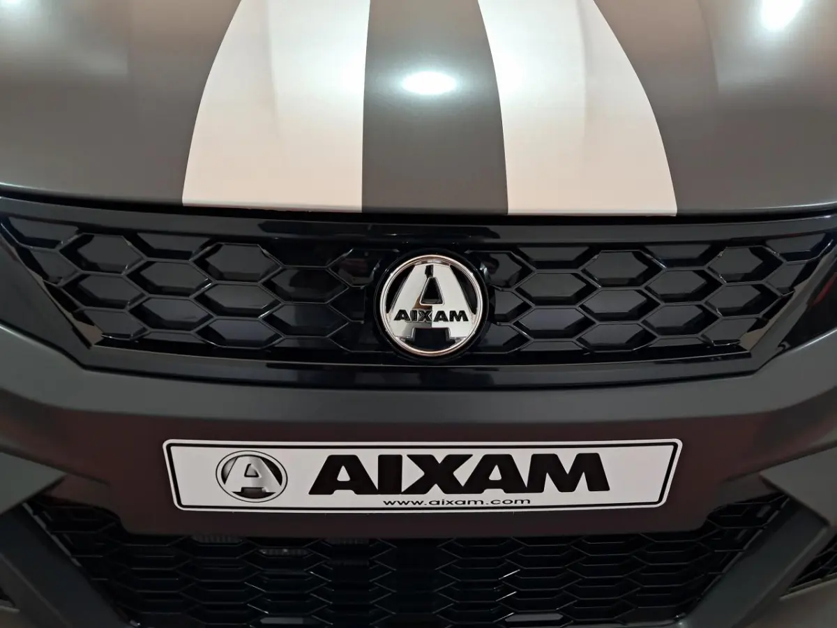 Gros plan frontal sur la calandre noire et le capot gris clair avec bandes grises de l’Aixam Ambition 2024.