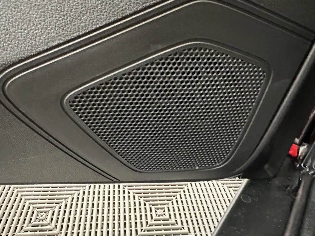 Gros plan sur la grille de haut-parleur noir intégrée à la porte intérieure d'une Aixam Ambition E City Pack rouge.