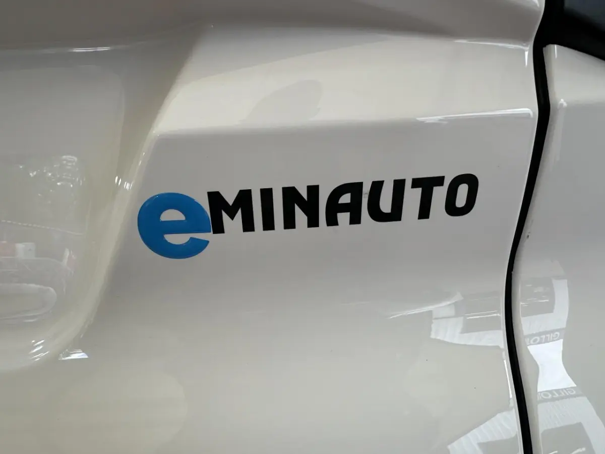 Gros plan sur l’inscription eMINAUTO en bleu et noir sur la porte blanche de l’AIXAM MINAUTO E ACCESS 2026.