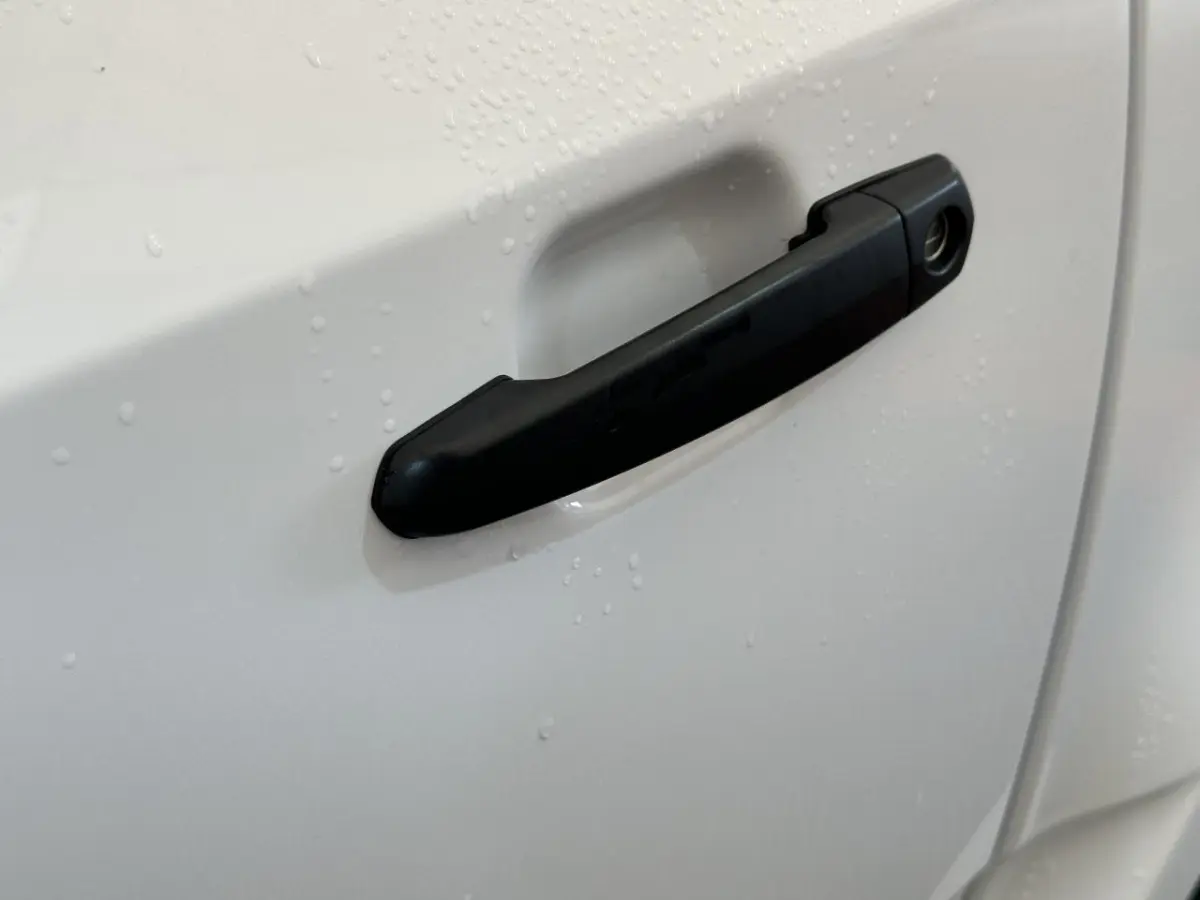 Poignée de porte noire en gros plan sur la portière blanche d'une Aixam Minauto E Access 2026, côté conducteur.