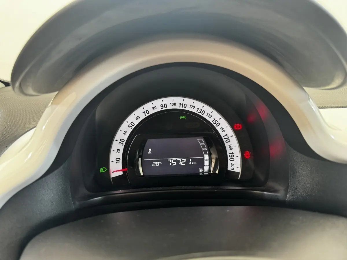 Vue rapprochée du tableau de bord de la Renault Twingo gris foncé, affichant le compteur de vitesse et l’odomètre numérique.