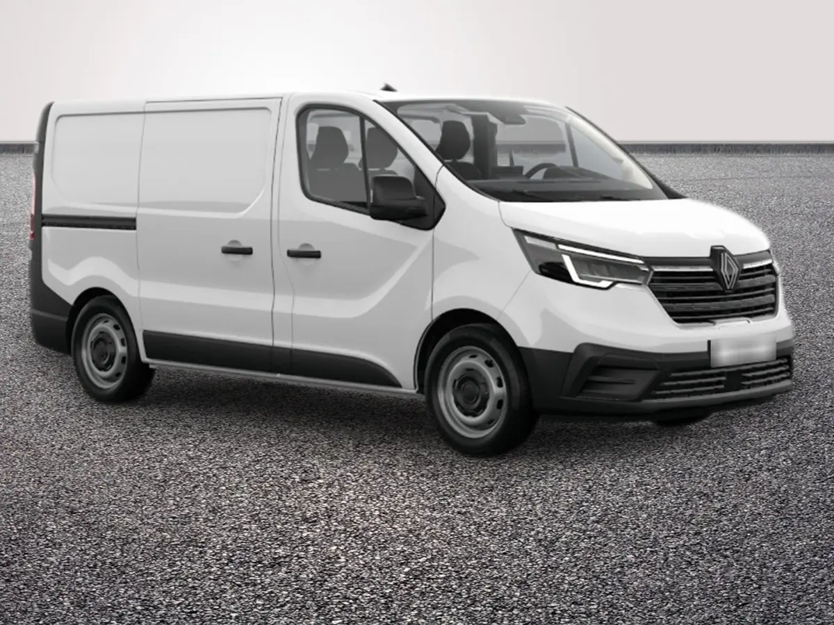 Renault Trafic Fourgon blanc en vue 3/4 avant droit, avec calandre noire et phares LED distinctifs.