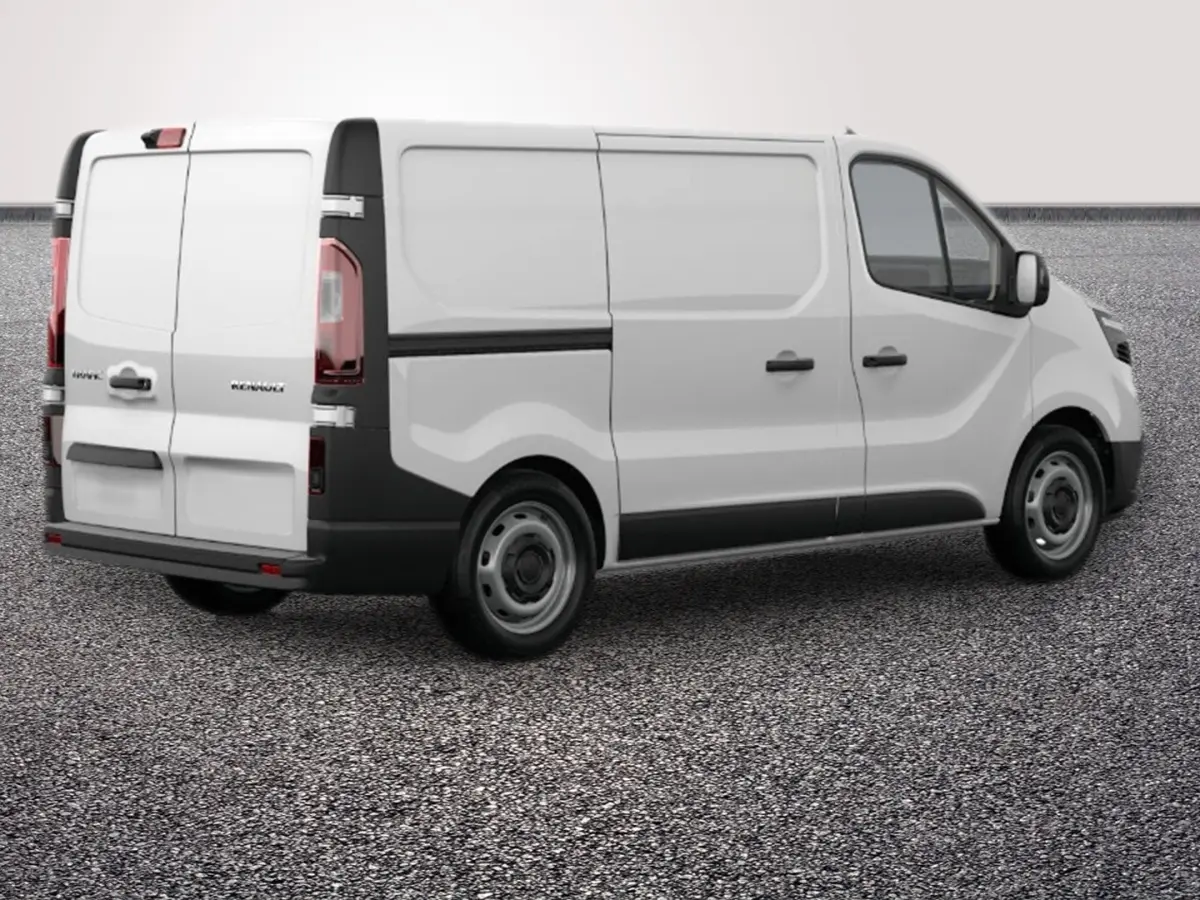 Vue 3/4 arrière droite d’un Renault Trafic Fourgon blanc avec portes arrière battantes et jantes acier noires.