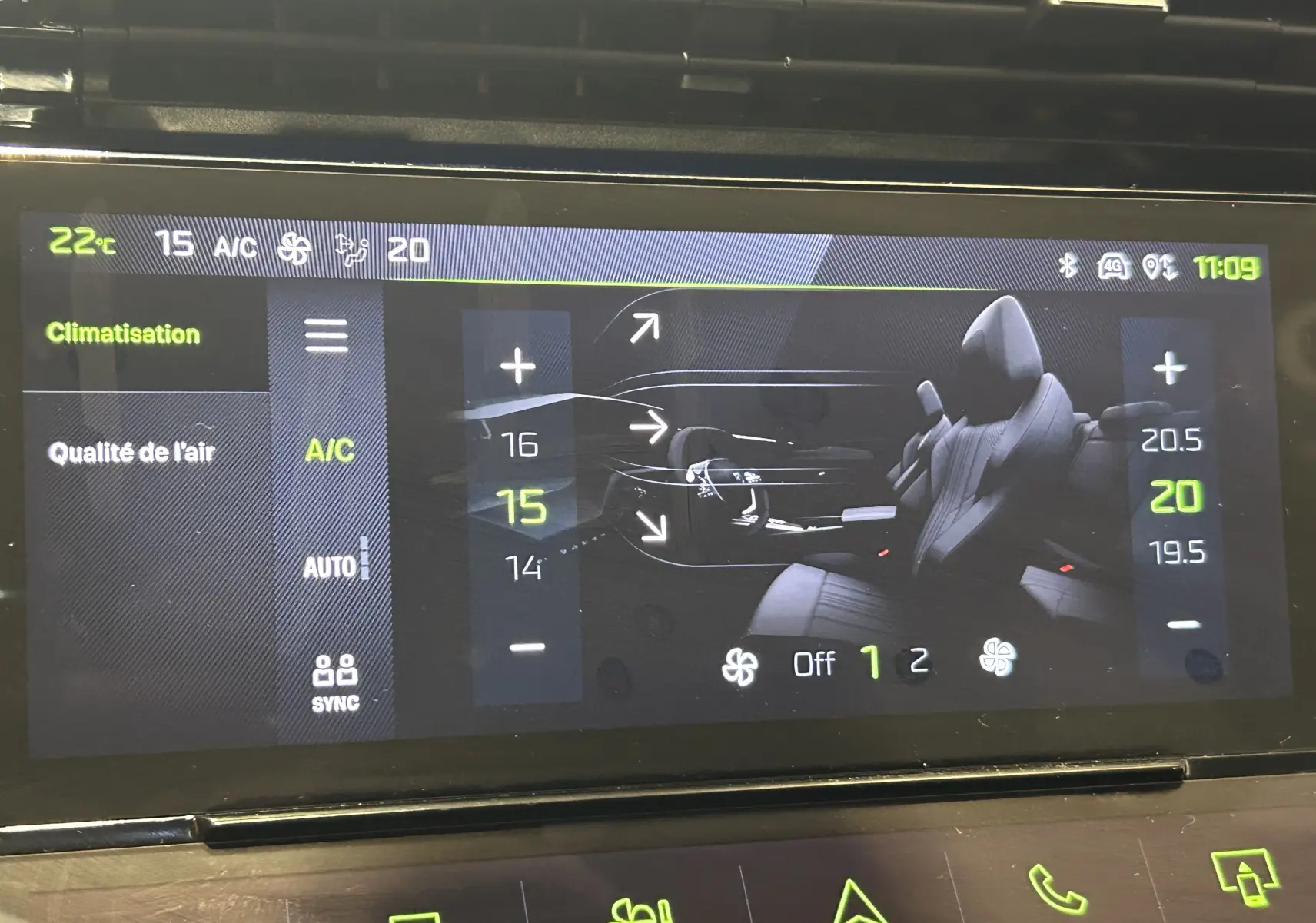 Écran tactile de la climatisation dans une Peugeot 308 SW 2024, affichant les réglages de température et ventilation.