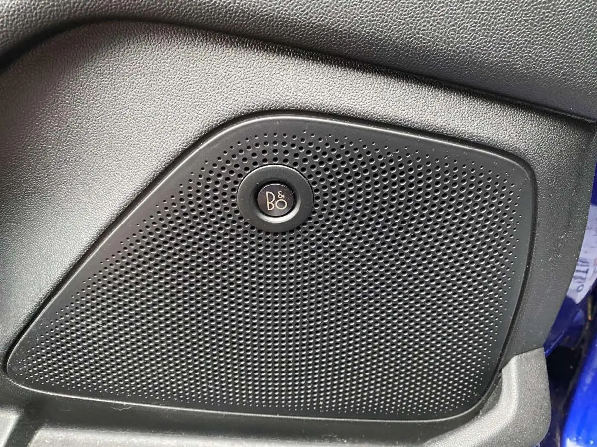 Gros plan sur l'enceinte B&O intégrée à la porte intérieure d'une Ford Fiesta 2017 bleu foncé.
