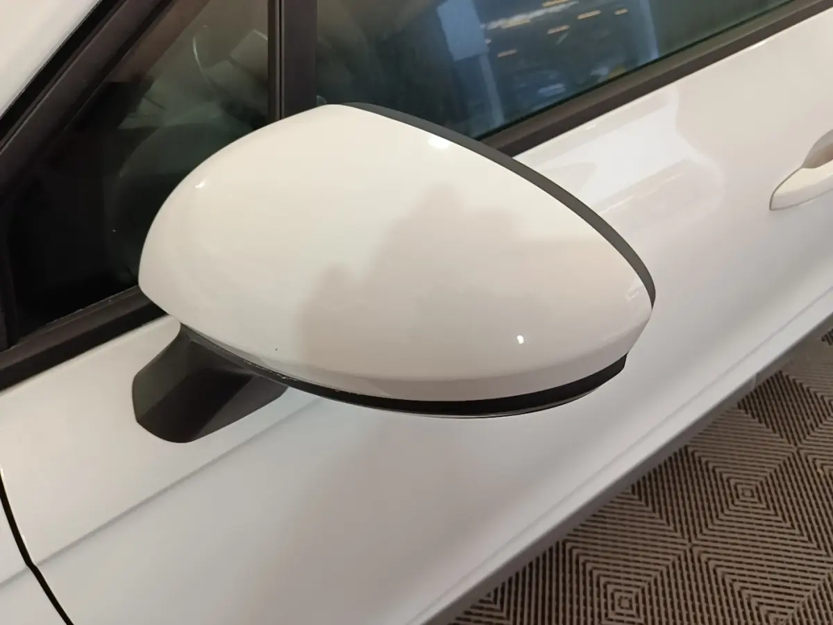 Rétroviseur droit blanc de Renault Clio Business TCe 90 2020, vue rapprochée sur la portière côté droit.