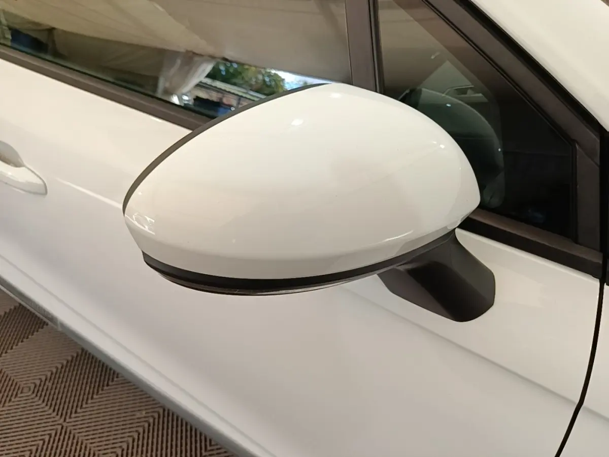 Rétroviseur droit blanc de Renault Clio Business TCe 90 2020, vue rapprochée sur la portière côté conducteur.