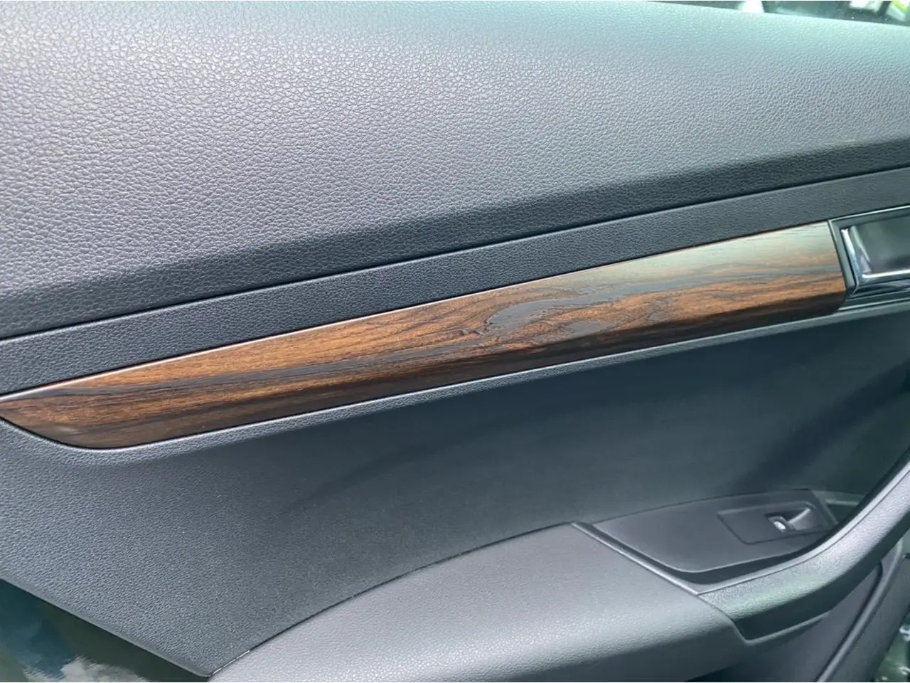 Détail de la garniture intérieure en bois sur la porte côté droit d'un Skoda Karoq Scout 2021 vert foncé.
