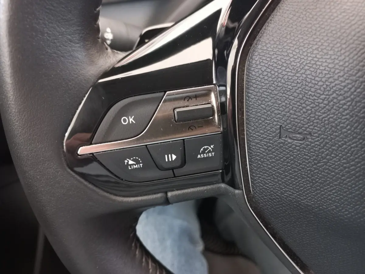 Gros plan sur le côté gauche du volant cuir noir de la Peugeot 308 bleu, avec commandes multifonctions visibles.