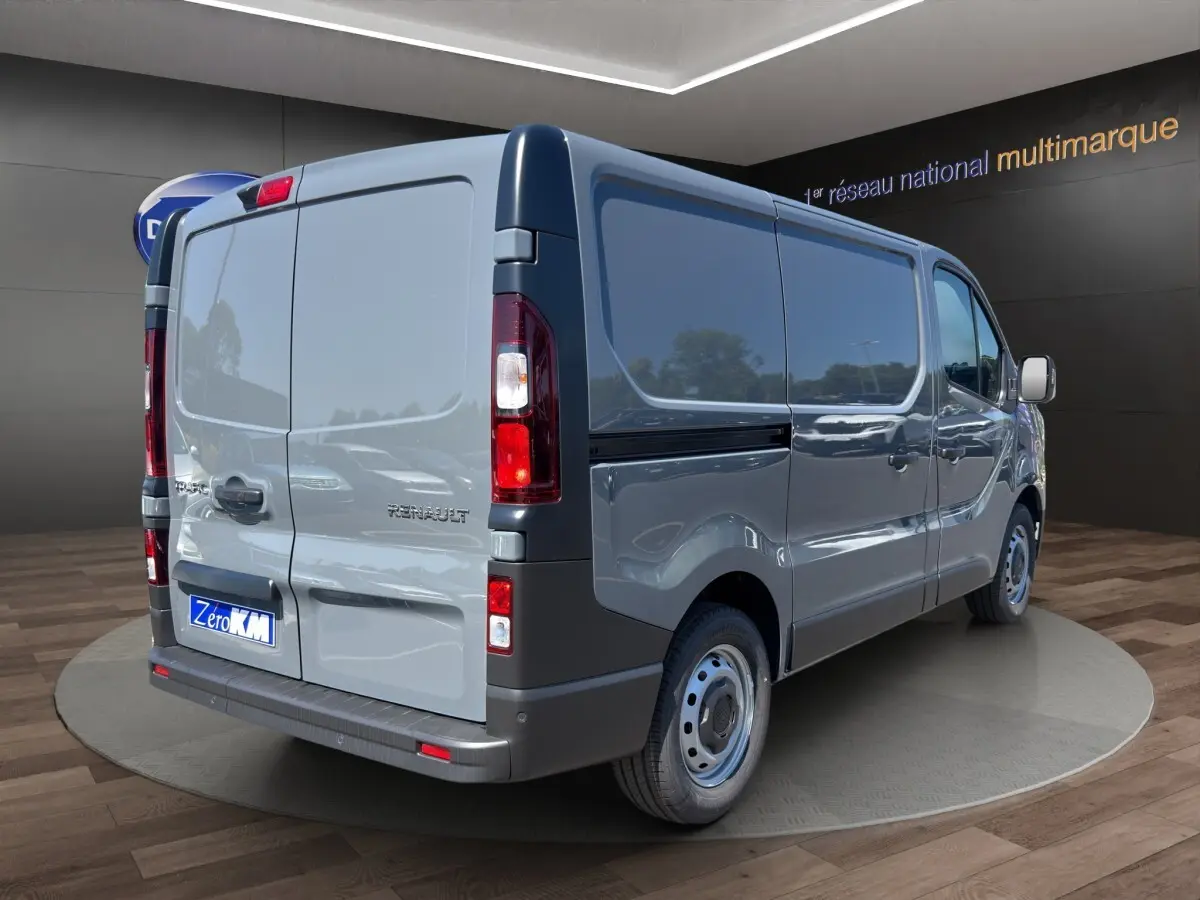 Vue 3/4 arrière droite du Renault Trafic Fourgon gris foncé avec portes arrière pleines et jantes tôles simples.