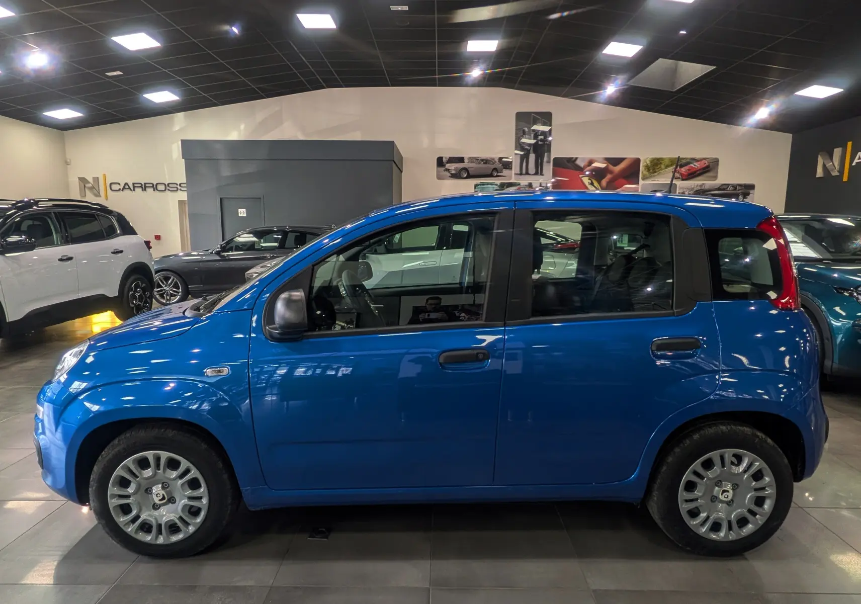Profil côté gauche d'une Fiat Panda 1.0 Hybrid City 2025 en Bleu Italia dans un showroom lumineux.