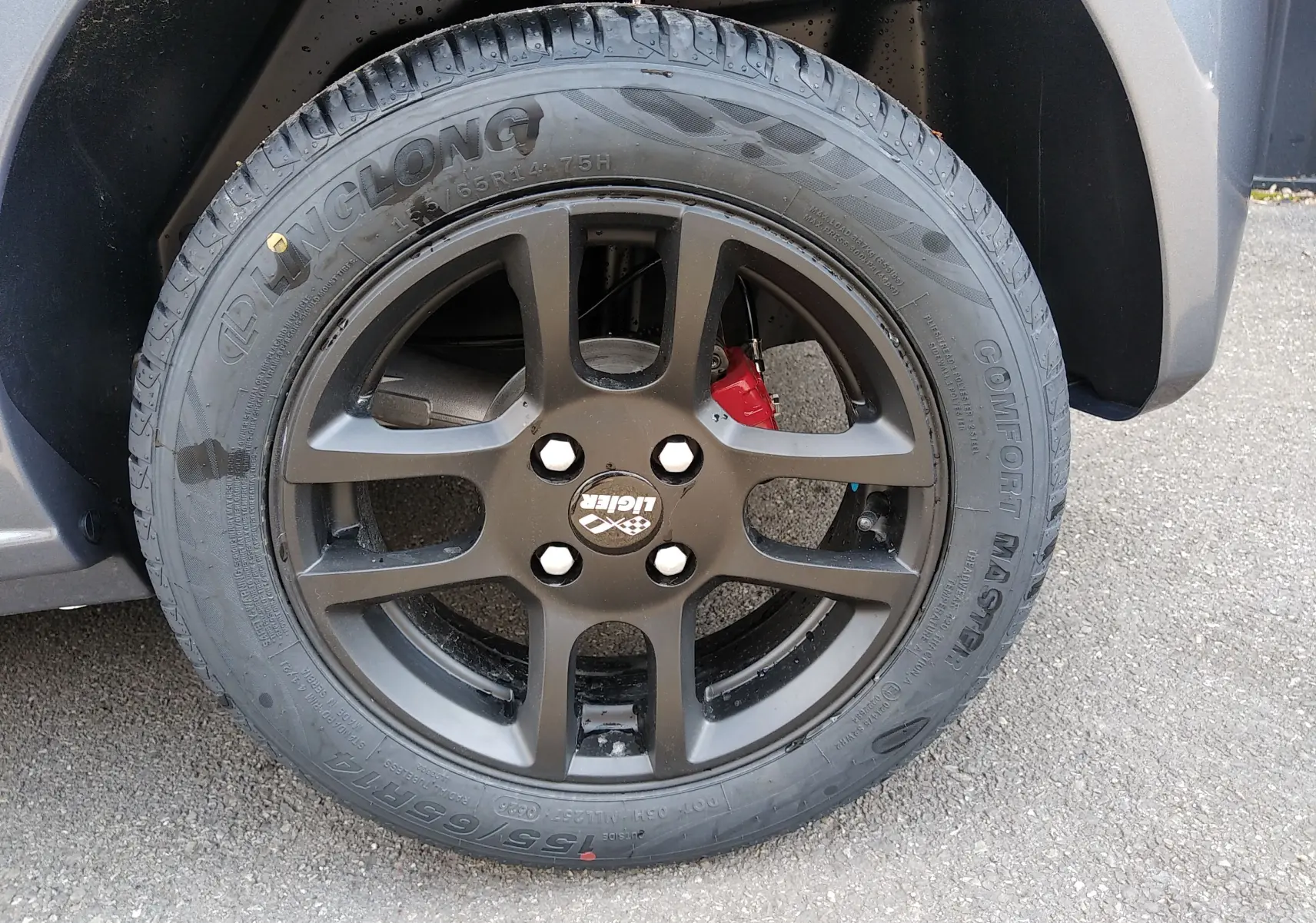 Gros plan sur la roue avant droite gris graphite du Ligier Myli REVO D+ MAX 2026 avec étrier de frein rouge visible.