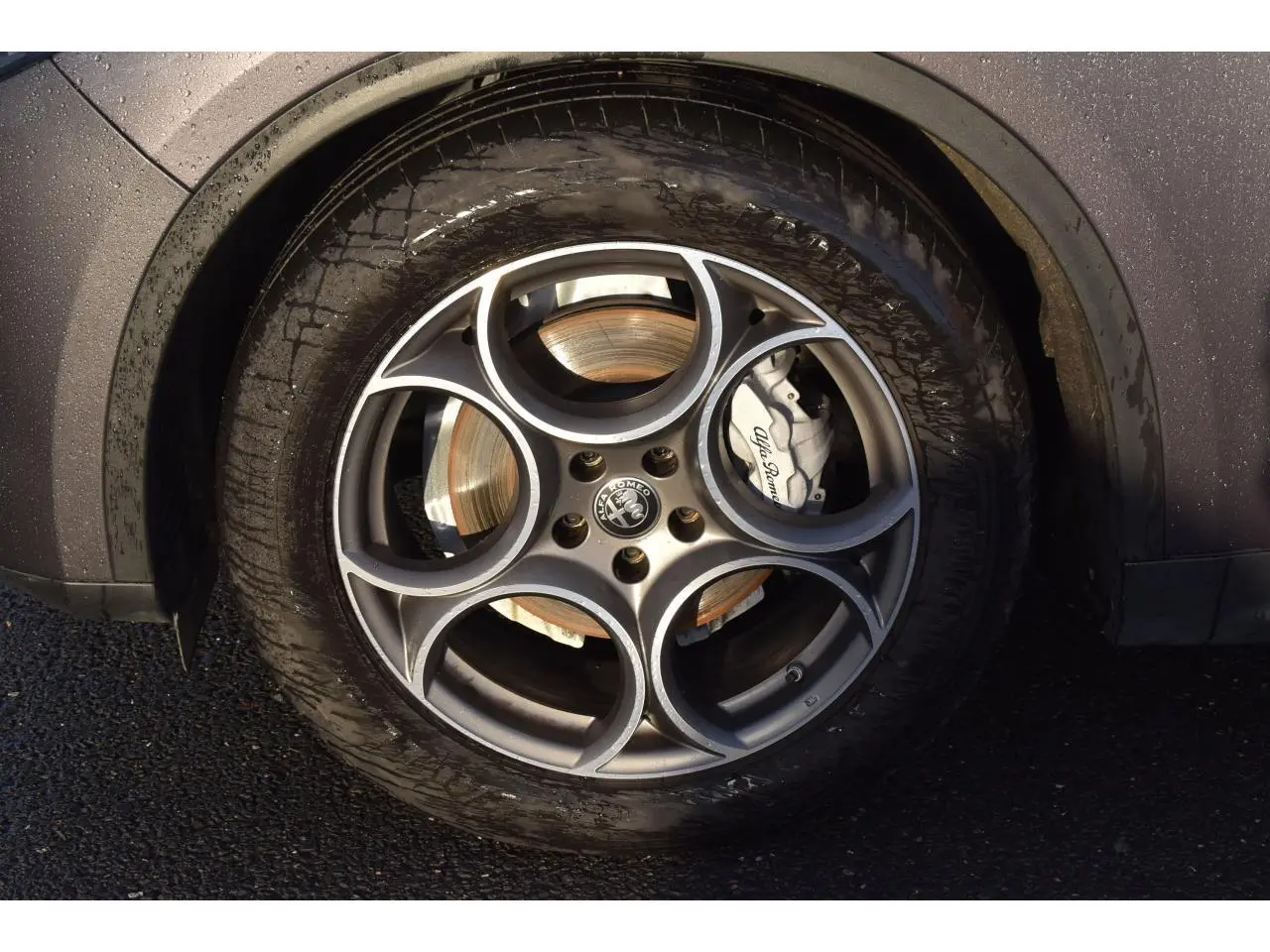 Gros plan sur la jante alliage 19'' Competizione gris métallisé du côté gauche de l'Alfa Romeo Stelvio 2024.
