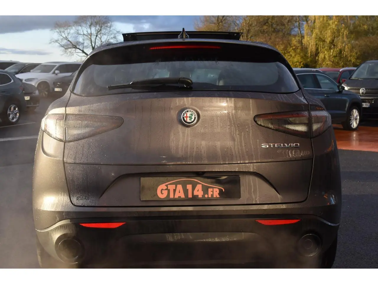 Vue arrière d'un Alfa Romeo Stelvio gris Vesuvio avec toit ouvrant panoramique et logo visible sous la lumière du jour.