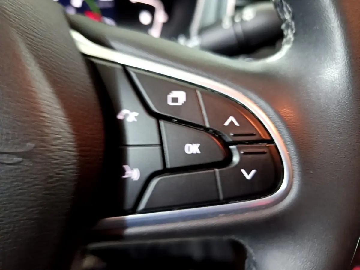 Gros plan sur les commandes noires du volant multifonctions d’une Renault Mégane Business gris clair, intérieur.