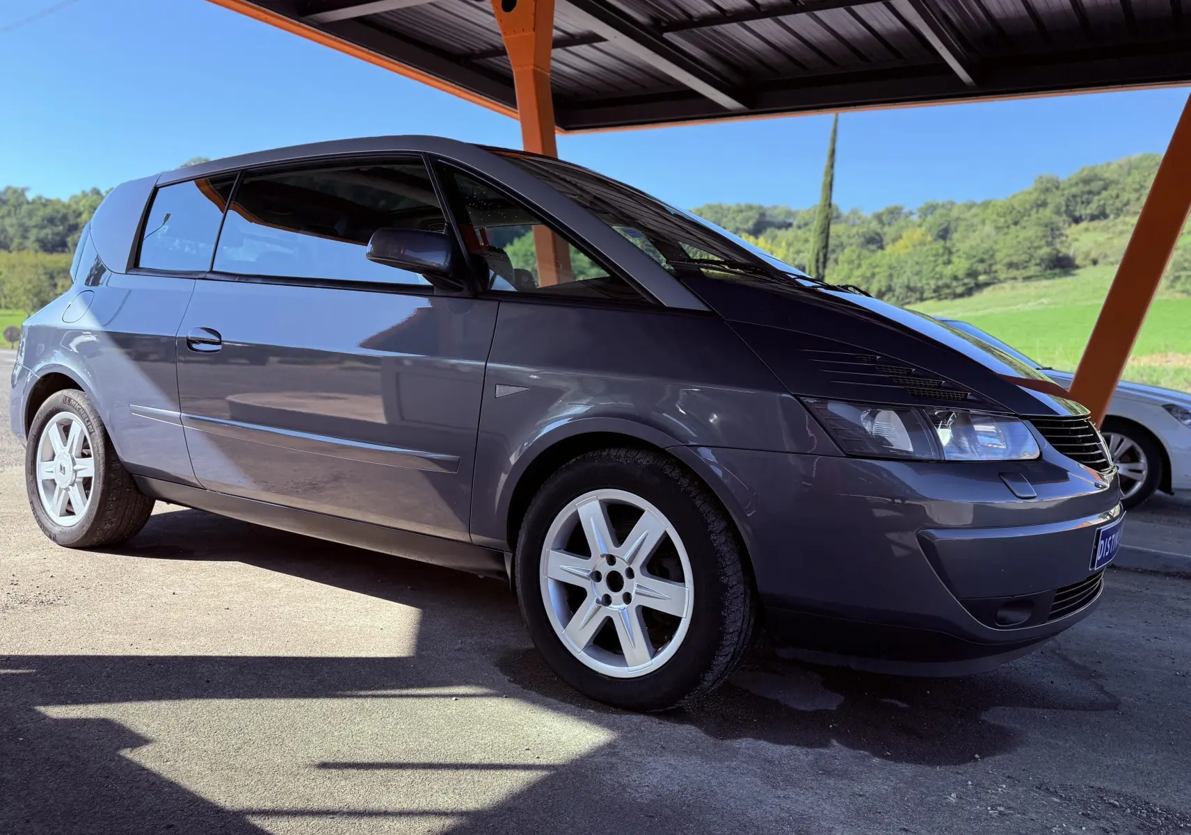 Renault Avantime gris en vue de profil côté gauche, sous un abri avec jantes blanches et arrière arrondi.