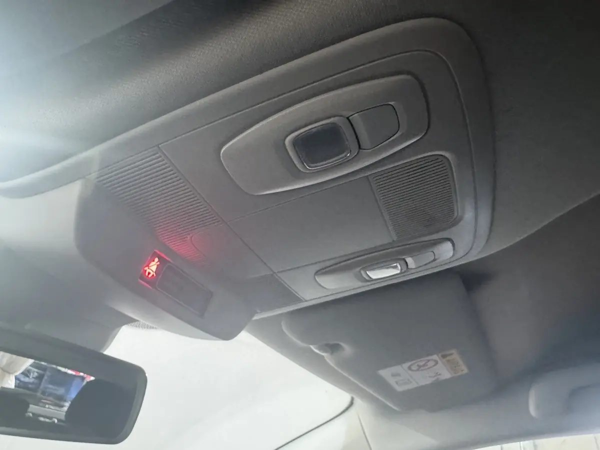 Plafonnier intérieur gris avec éclairage rouge allumé, vue du conducteur vers l'avant dans une Renault Mégane Business gris clair.