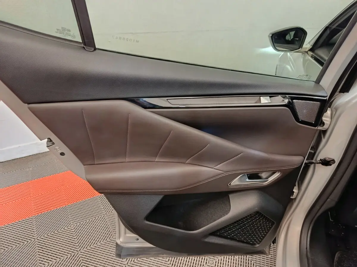 Vue intérieure côté gauche de la porte avant gris clair du DS4 E-TENSE 225 LA PREMIERE avec garniture cuir marron et insert noir brillant.