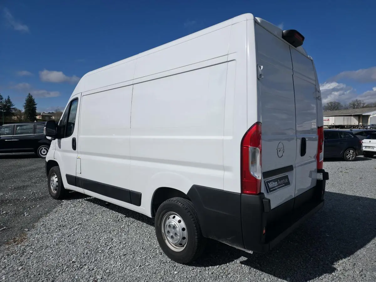 Opel Movano Fourgon blanc vu en 3/4 arrière droit, portes arrière battantes et porte latérale droite tôlée visibles.