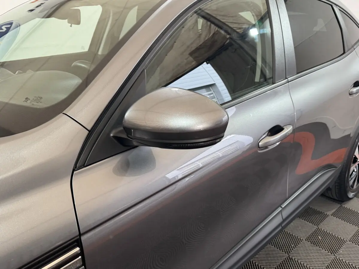Vue rapprochée côté gauche du Renault Arkana Business E-TECH gris foncé, mettant en valeur le rétroviseur et la portière.