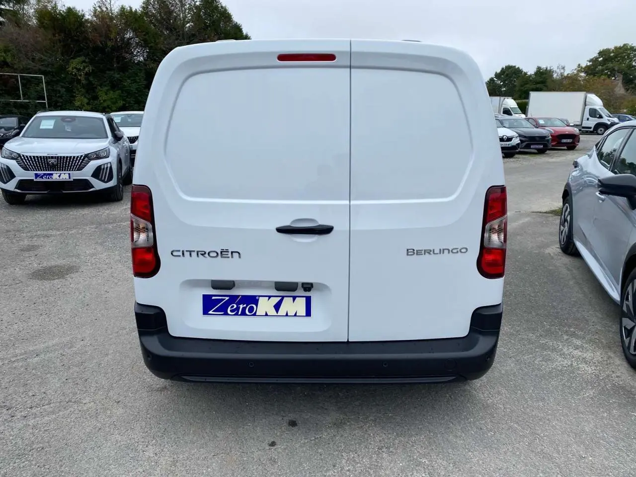 Vue arrière d’un utilitaire Citroën Berlingo blanc avec portes battantes et pare-chocs noir mat.
