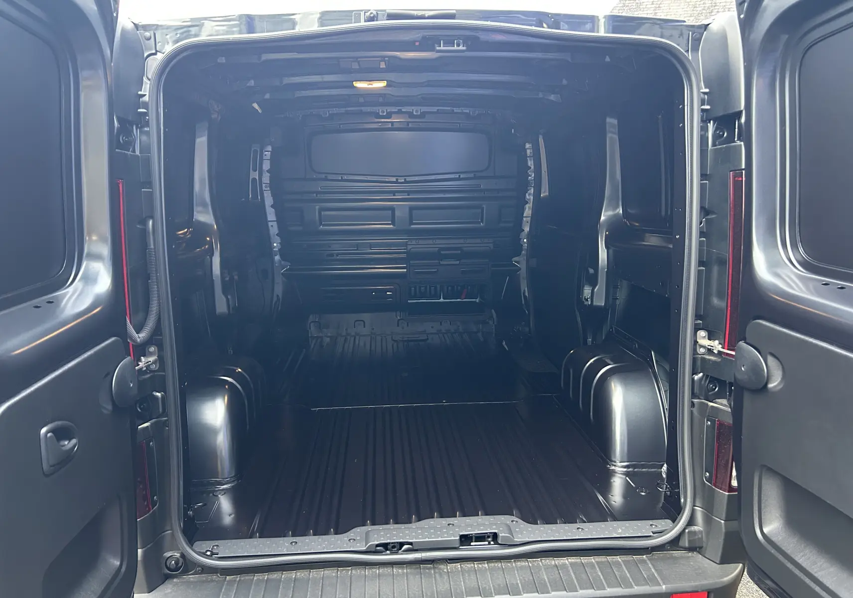Vue arrière du Renault Trafic Fourgon gris Comète montrant l’espace de chargement vide et les portes ouvertes.