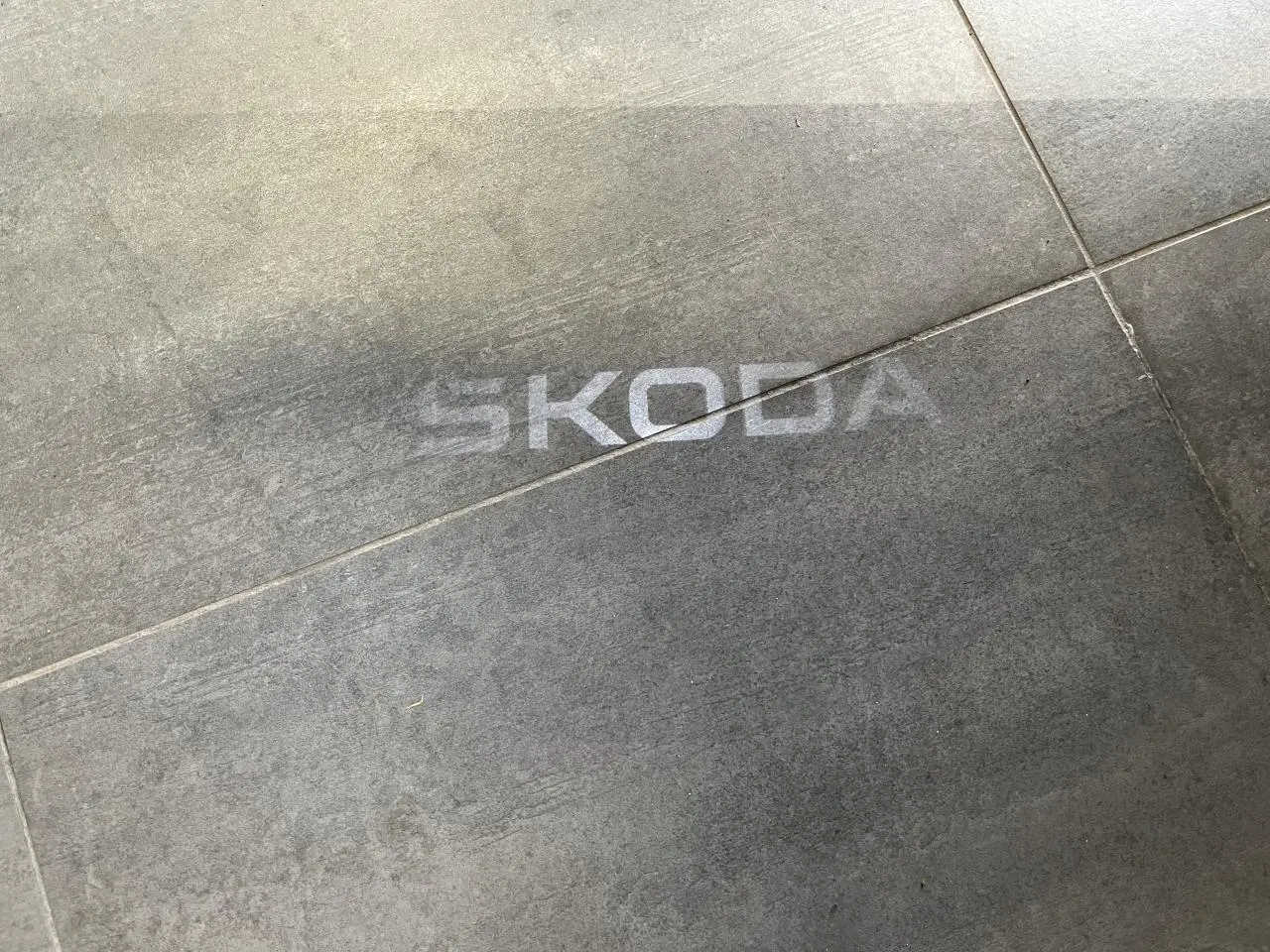 Projection lumineuse du logo SKODA au sol sur surface grise, visible depuis le côté droit du véhicule gris.