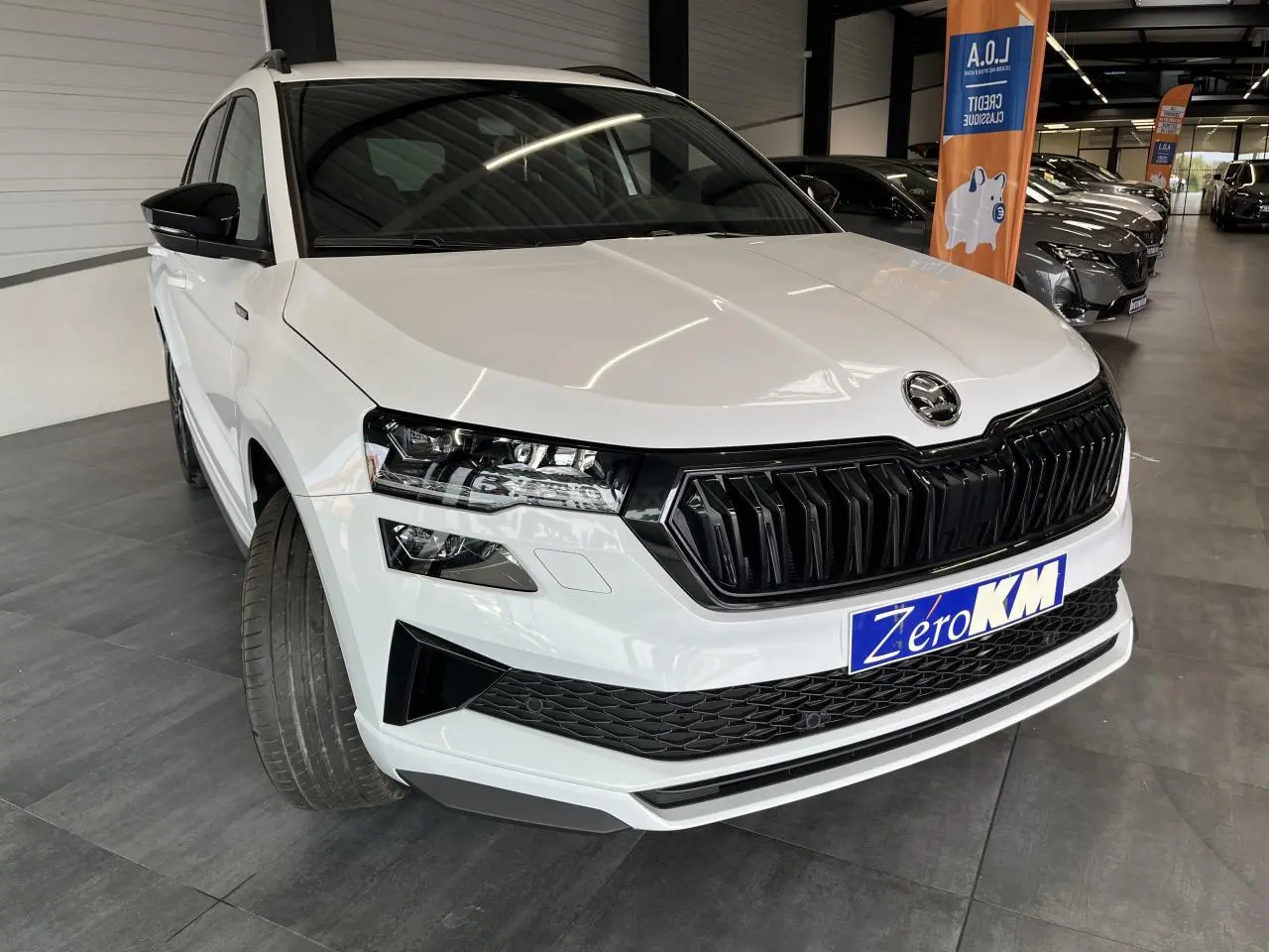 Vue 3/4 avant d'un SUV SKODA KAROQ blanc 2025 avec calandre noire Sportline et phares Full LED, en intérieur showroom.