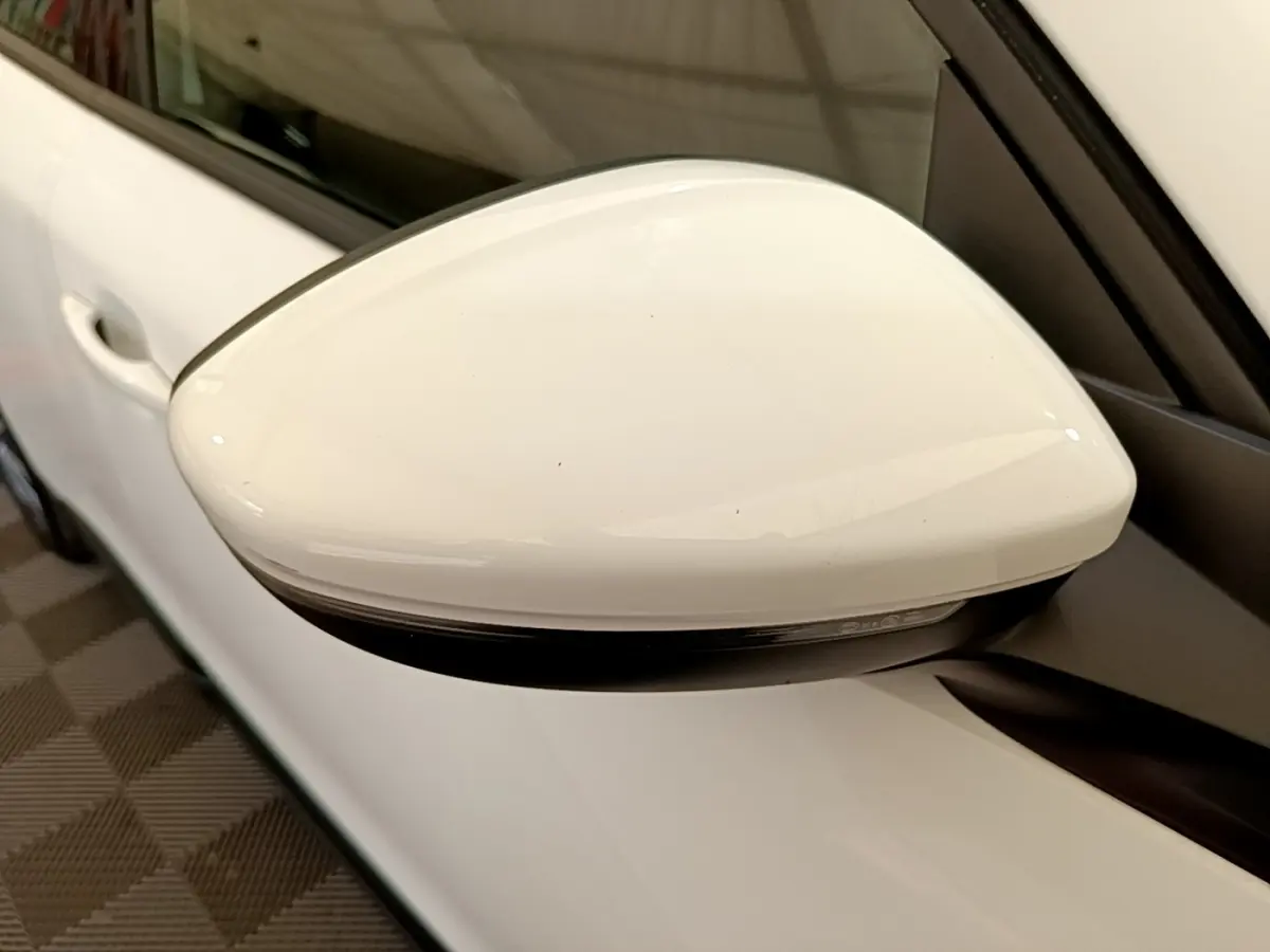 Rétroviseur droit blanc du Peugeot 2008 2021 BlueHDi, vue rapprochée sur la portière et la poignée.