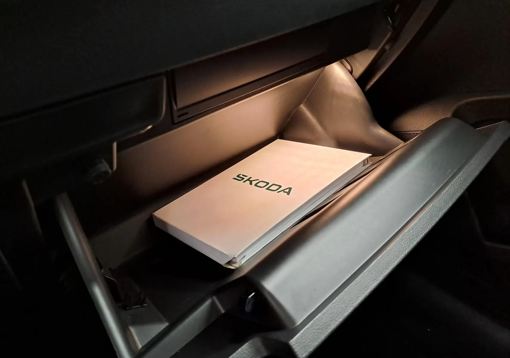 Manuel Skoda posé dans la boîte à gants ouverte d’un Skoda Karoq 2.0 TDI gris perle, intérieur sombre.