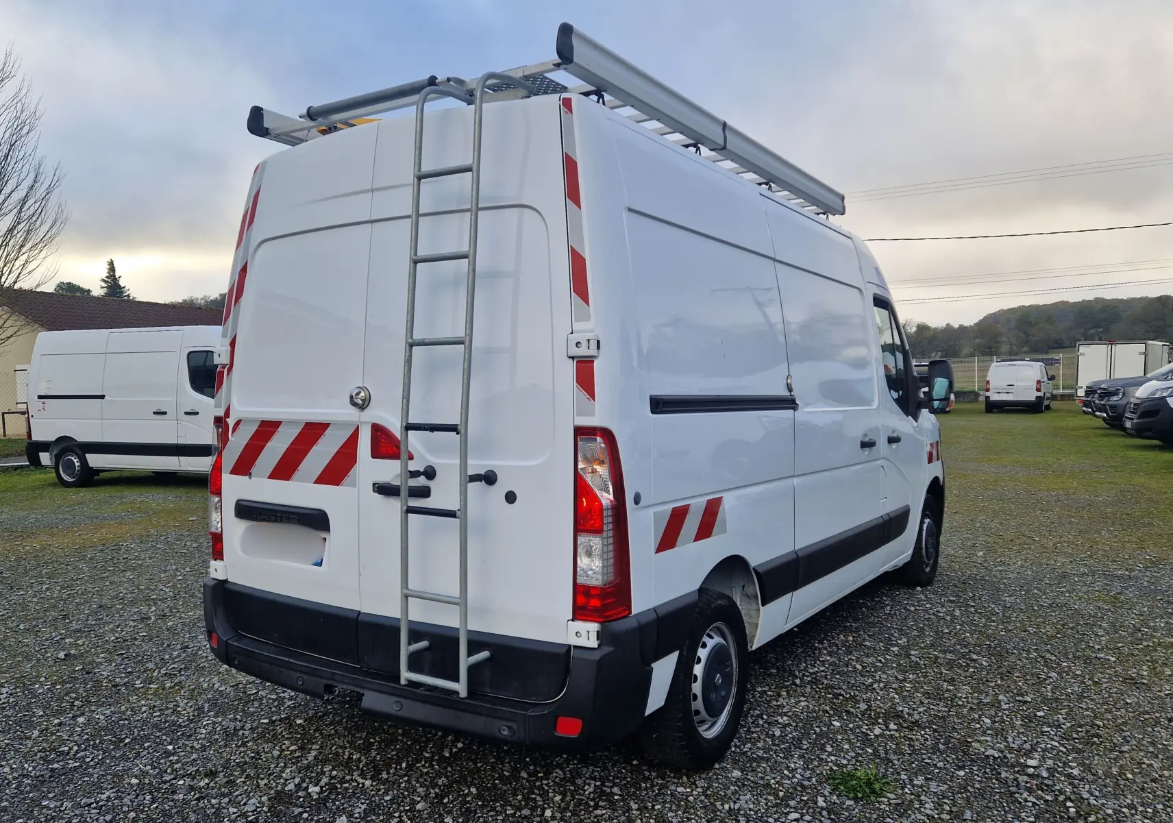 Vue 3/4 arrière droite d'un Renault Master blanc avec galerie et échelle métallique sur porte arrière.