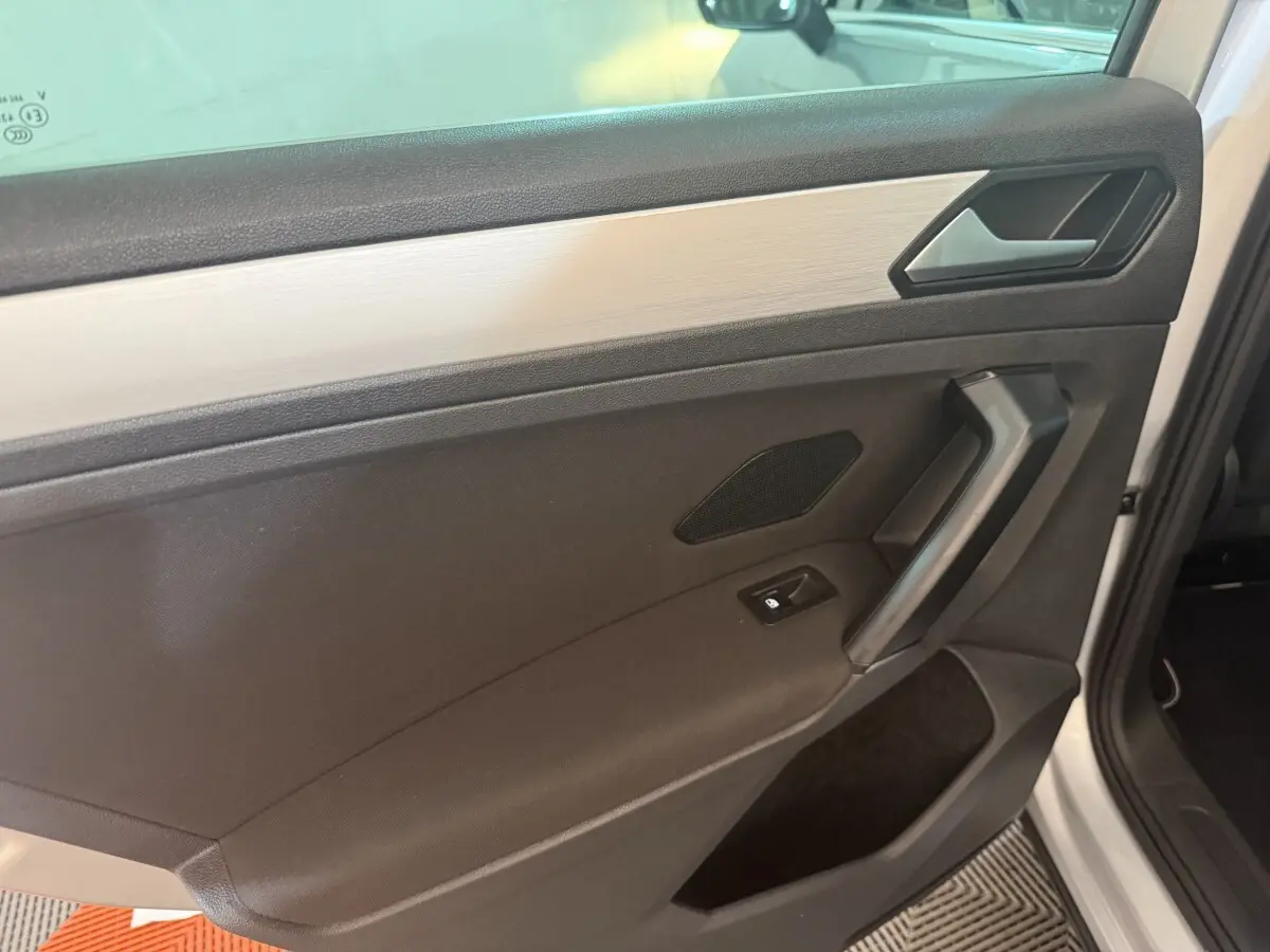 Vue intérieure côté gauche de la porte avant d’un Volkswagen Tiguan gris clair avec insert argenté et commande de vitre électrique.