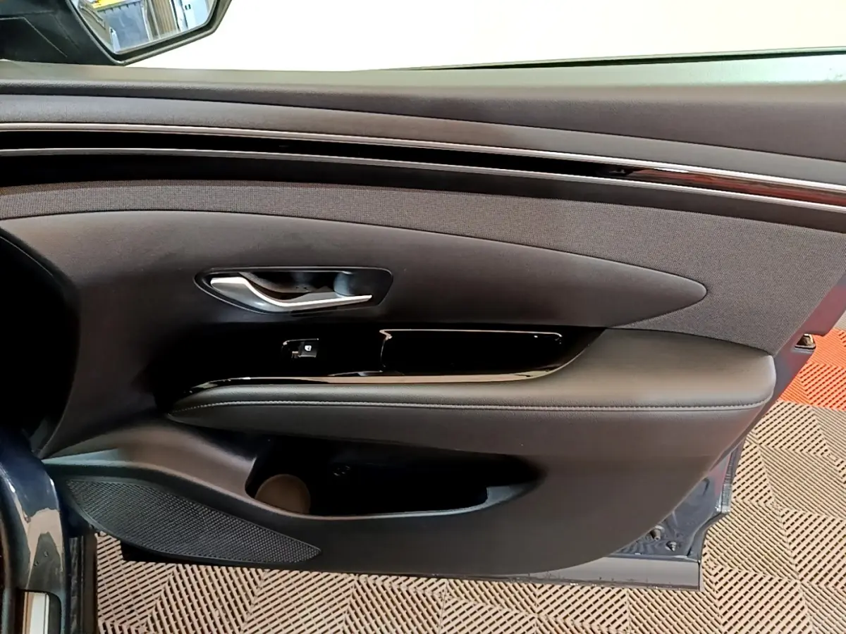 Vue intérieure côté gauche de la porte avant du Hyundai Tucson bleu, avec garniture noire et insert bois.