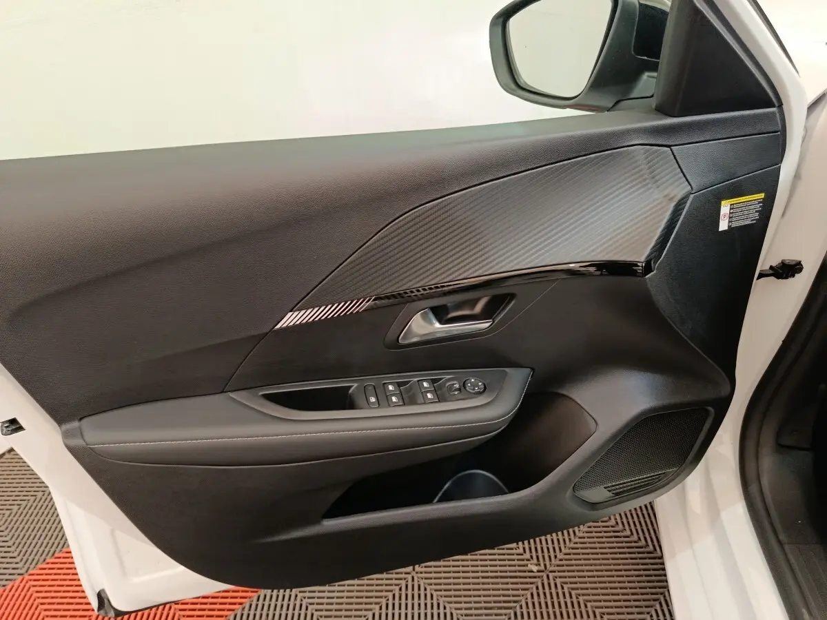 Vue intérieure côté conducteur de la porte avant droite blanche du Peugeot 208 électrique avec commandes et finition carbone.