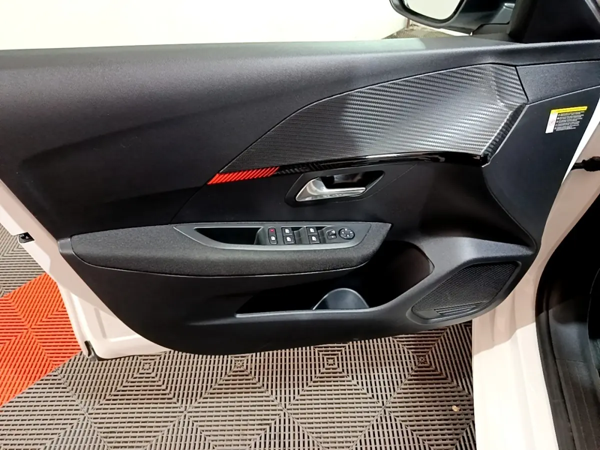 Vue intérieure côté gauche de la porte avant d’une Peugeot 208 électrique blanche avec insert carbone et bande rouge.