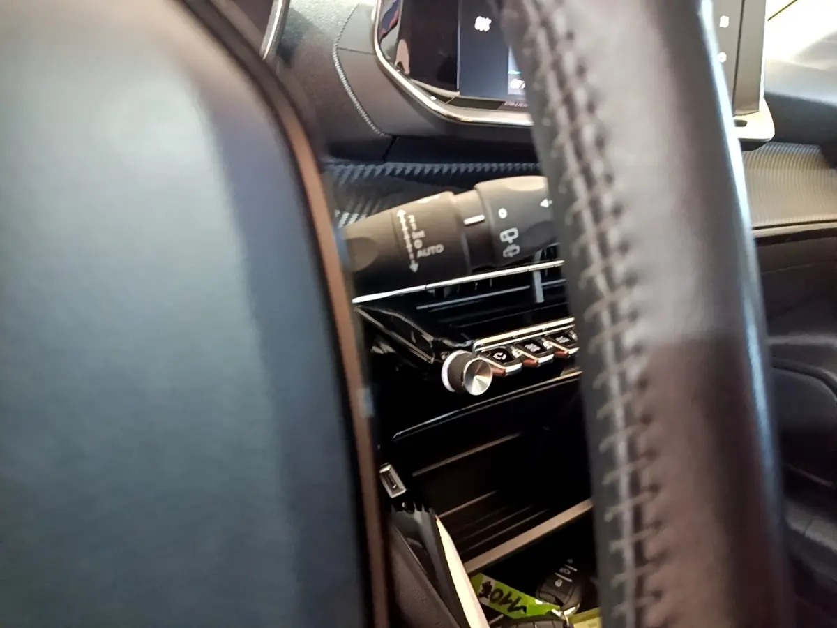 Gros plan intérieur sur le volant cuir et la console centrale noire de la Peugeot 208 électrique Active Business 2021.