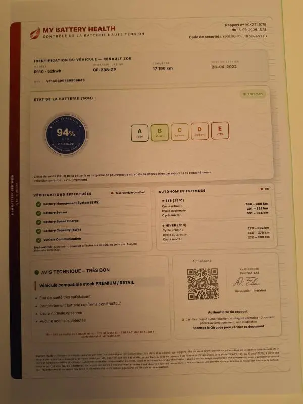 Document de contrôle de la batterie haute tension pour Renault ZOE E-Tech électrique, avec état de santé à 94% visible.