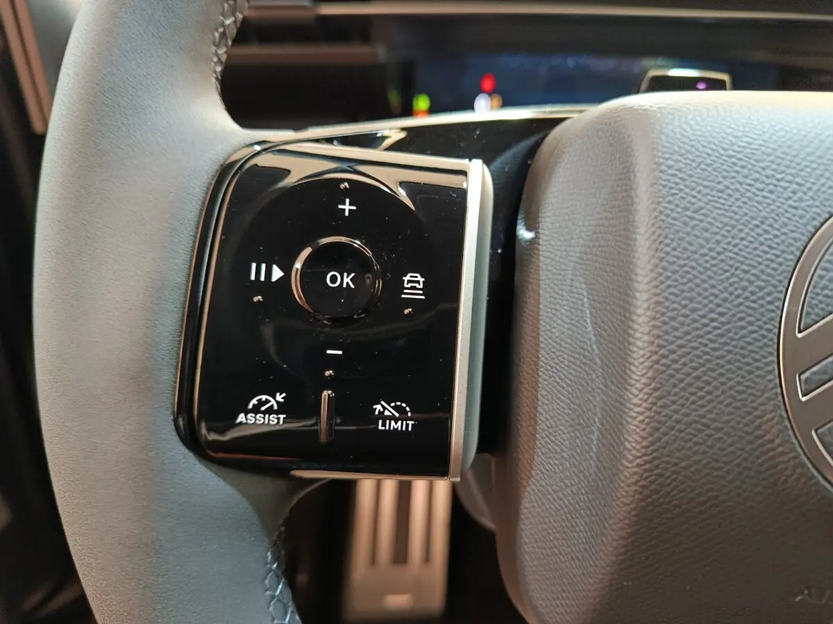 Gros plan sur la partie gauche du volant cuir de la Citroën C5 Hybride bleu, avec commandes multifonctions et régulateur.