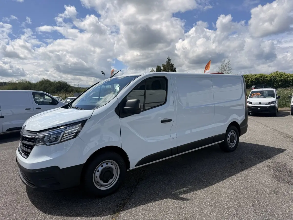 Renault Trafic Fourgon blanc vu de trois quarts avant droit, avec calandre noire et jantes acier simples.