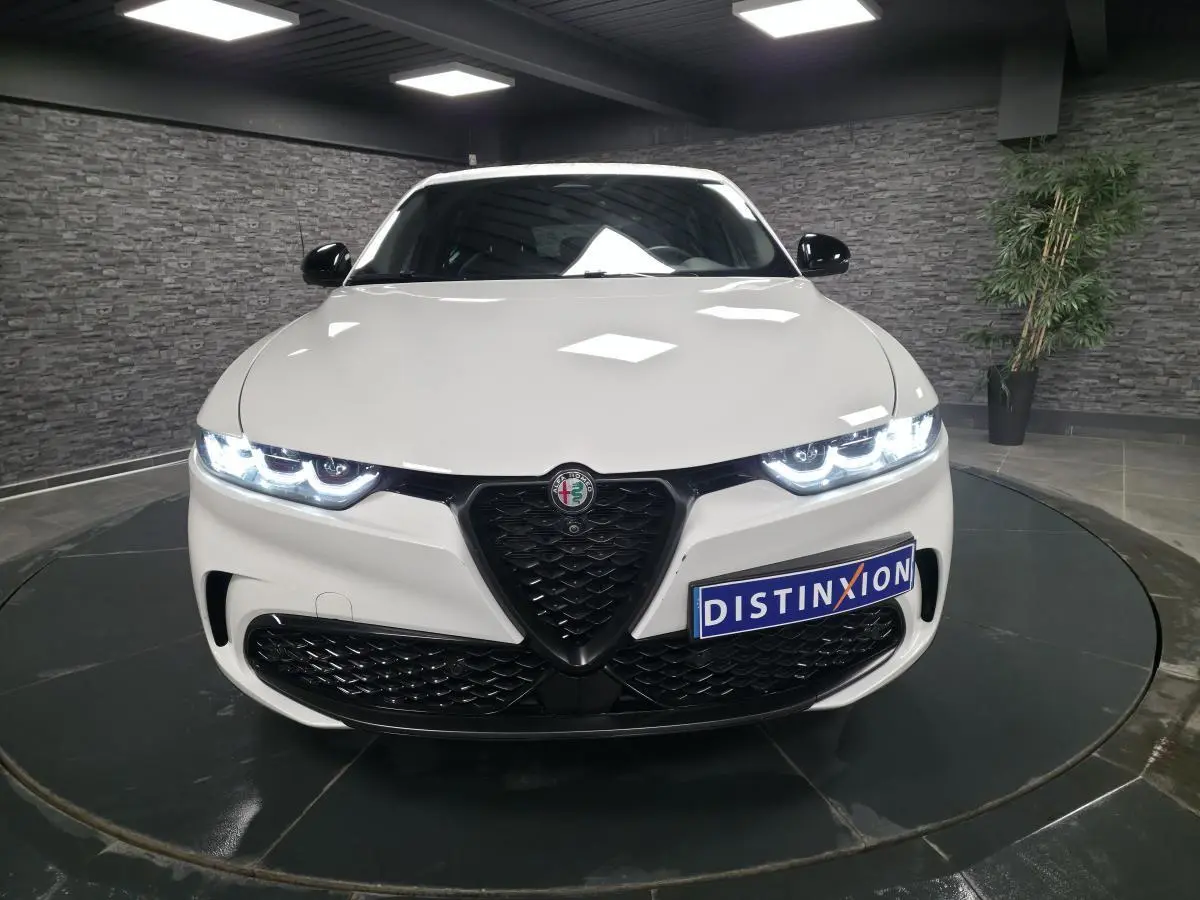 Vue de face d'une Alfa Romeo Tonale blanche avec calandre noire et phares LED allumés dans un showroom.
