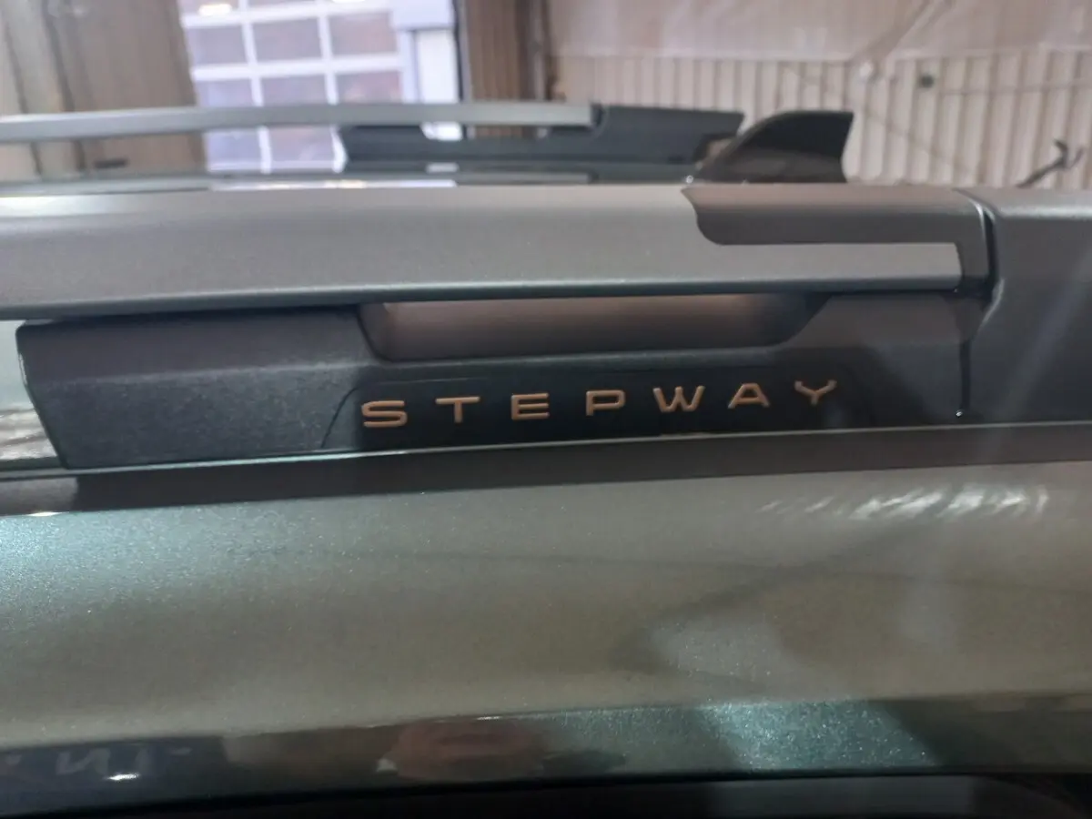 Gros plan sur la barre de toit grise avec logo Stepway sur la carrosserie vert métallisé d'une Dacia Sandero.