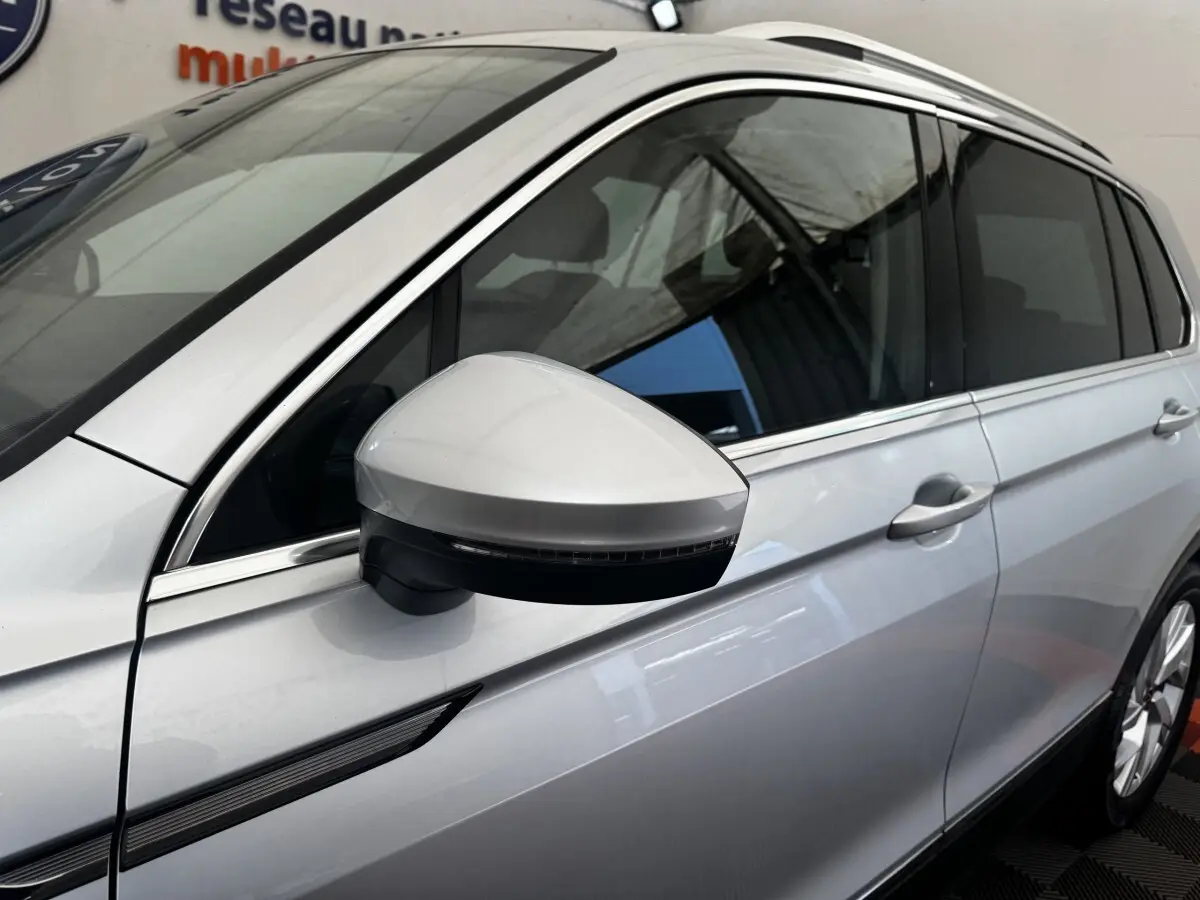 Vue rapprochée du côté gauche d’un Volkswagen Tiguan gris clair, mettant en valeur le rétroviseur et la porte avant.