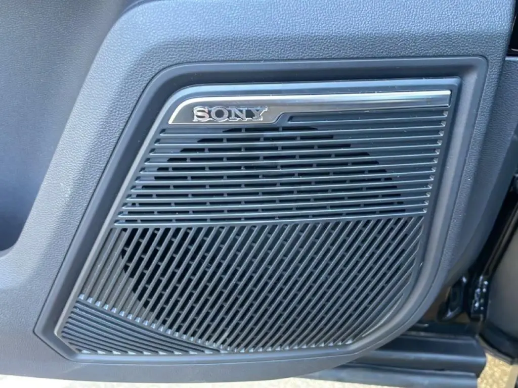 Gros plan sur le haut-parleur Sony intégré à la porte intérieure du JAECOO J7 noir carbone métal.