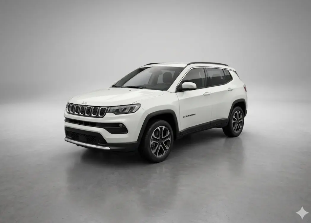 Jeep Compass blanc en 3/4 avant droit, jantes alliage 18 pouces et détails noirs contrastants sur carrosserie.
